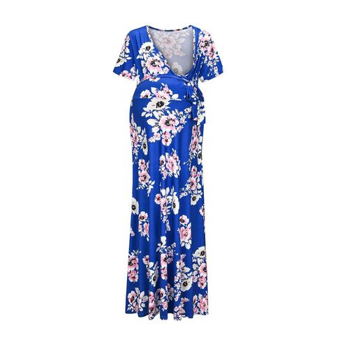 Robe Longue Pour Femme Enceinte,Style,Ceinture Imprimée,Allaitement,Manches Courtes,Printemps Été 2023
