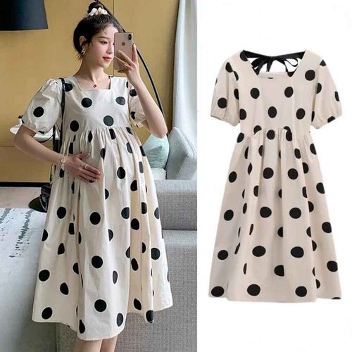 Robe Longue Imprimée À Pois Pour Femmes Enceintes,Vêtements D'été Coréens,Vêtements D'été Décontractés A-Line Pour Femmes Enceintes,Robe De Grossesse Éducative