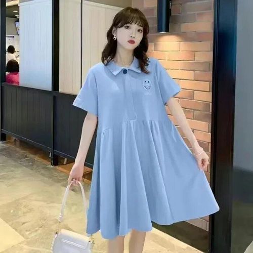 Robe À Manches Courtes Et Col Polo Pour Femme Enceinte,Jupe Trapèze De Longueur Moyenne,À La Mode