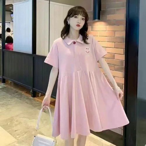 Robe À Manches Courtes Et Col Polo Pour Femme Enceinte,Jupe Trapèze De Longueur Moyenne,À La Mode