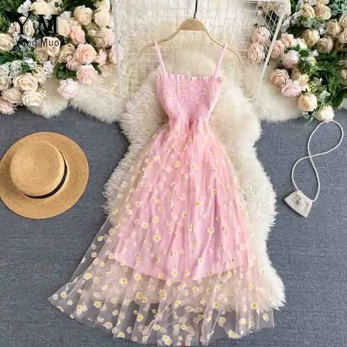 Yuoomuoo-Robe De Soirée En Maille Imprimée Andrflower,Deux Couches,Bretelles Spaghetti,Robe Mi-Longue De Vacances,Robe De Plage Éducative,Mode Coréenne,Détruire,Été