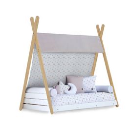 Lit-Cabane Montessori En Bois 70x140 Cm Avec Textile Imprimé Forêt