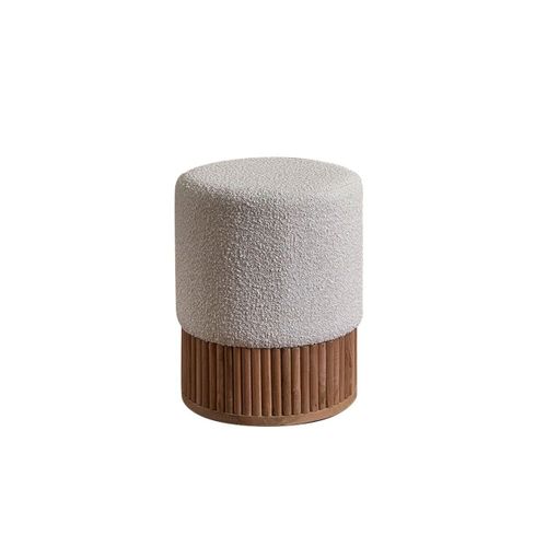 Pouf En Teck Massif Et Tissu Bouclette 38 Cm