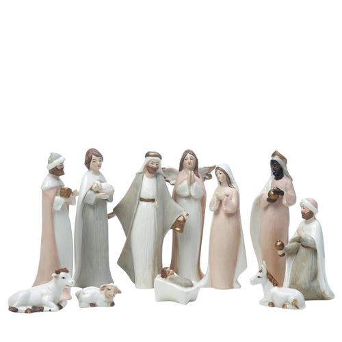 Crèche de noël décorative en porcelaine beige et rose H15