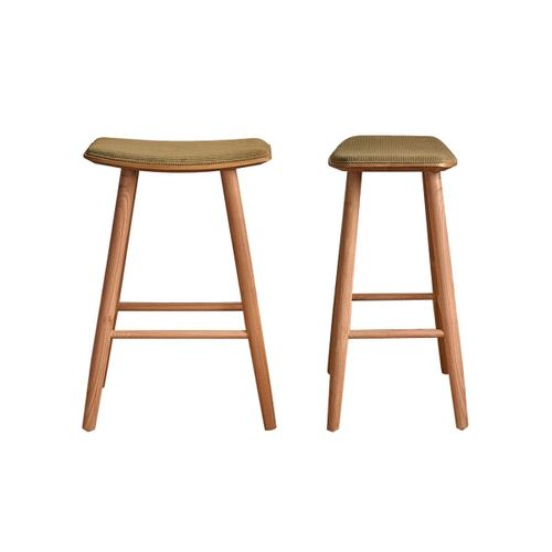 Lot De 2 Tabourets En Teck Massif Assise Velours Côtelé 65 Cm
