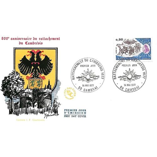 France 1977, Très Belle Enveloppe 1er Jour, Timbre Yvert 1932, 300ème Anniversaire Du Rattachement Du Cambrésis À La France, État Neuf.