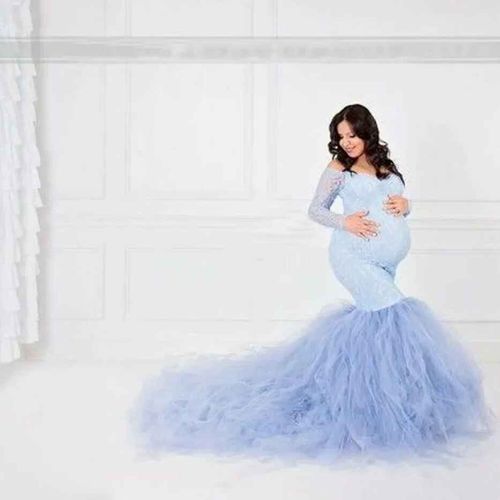 Photoshoot-Tenue De Tir De Grossesse En Dentelle Pour Femme,Une Ligne,Manches Sulf,Couture Du Cou,Maille,Jupe De Queue Enceinte,Robes Alters
