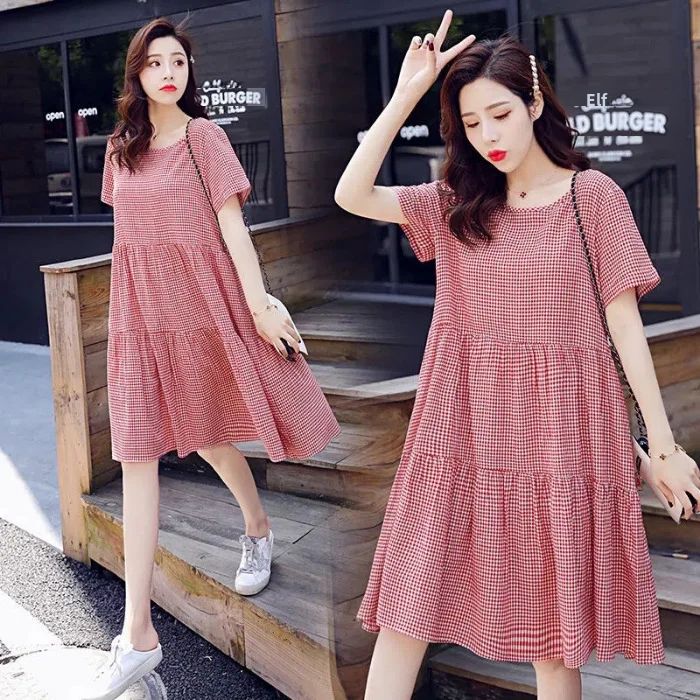 Robe D'été À Carreaux Mi-Longue Alteradt-Fit Pour Femmes,Robe Trapèze À La Mode Pour Dames Enceintes
