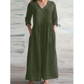 Robe Plissée Confortable À Manches Trois-Quarts Pour Femme,Tenue Maxi En Coton Et Lin Avec Col En V,Été