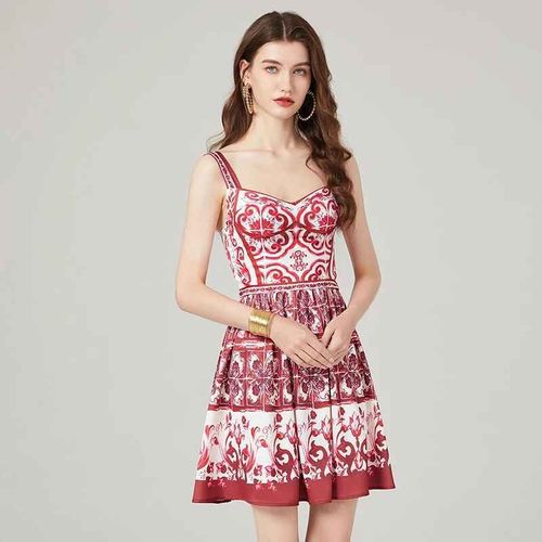 Robe En Porcelaine Rouge Bleu Et Blanc Pour Femmes,Bretelles Spaghetti,Imprimé Floral,Coussretours De Tasse,Fermeture Éclair Arrière,Mini Robe De Plage De Vacances,Piste D'été,Éducatif
