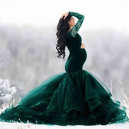Tenue De Tir De Grossesse En Dentelle Pour Femme,Tenue De Séance Photo,Manches Sulf,Coutures Au Cou,Maille,Jupe Arrière,Robes Alters
