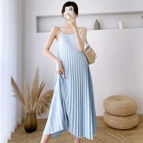 Robe Plissée Mi-Mollet Avec Ceinture Pour Femme Enceinte,Vêtements De Grossesse,Robe En Mousseline De Soie,Beige,Rose Soleil,Vente En