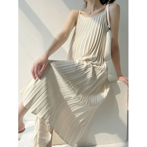 Robe Plissée Mi-Mollet Avec Ceinture Pour Femme Enceinte,Vêtements De Grossesse,Robe En Mousseline De Soie,Beige,Rose Soleil,Vente En