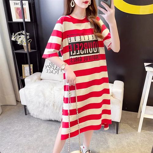 T-Shirt Mi-Long À Rayures Pour Femme,Style Coréen,Grande Taille,Coupe Adt-Fit,Couvrant Le Ventre,Robe D'étudiant,Sur Les Genoux,Été,2023