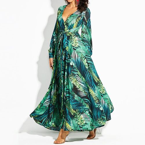 Robe De Plage Maxi À Manches Longues,Vintage,Vert Tropical,Style Boho Décontracté,Col En V,Ceinture,Tunique À Lacets Drapée,Mode