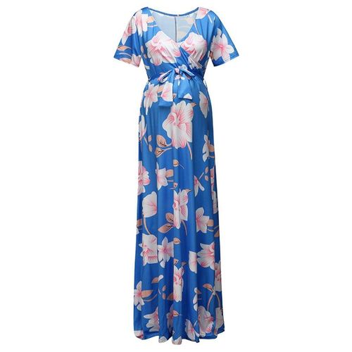 Chivry-Robe Longue À Imprimé Floral Pour Femme Enceinte,Tenue Maxi Décontractée À Manches Courtes Et Col En V,Vêtement D'été