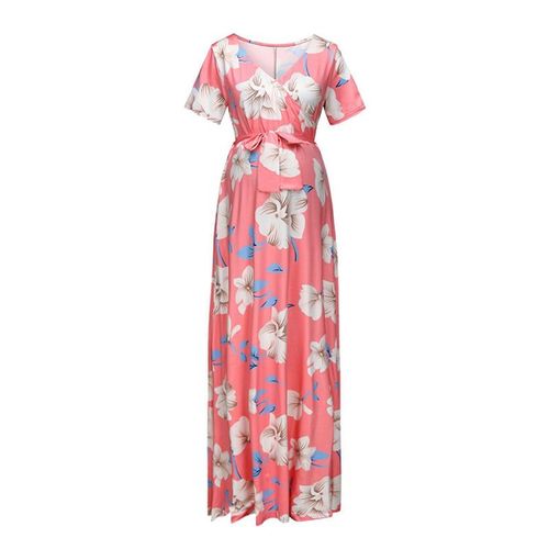 Chivry-Robe Longue À Imprimé Floral Pour Femme Enceinte,Tenue Maxi Décontractée À Manches Courtes Et Col En V,Vêtement D'été
