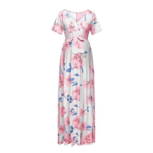 Chivry-Robe Longue À Imprimé Floral Pour Femme Enceinte,Tenue Maxi Décontractée À Manches Courtes Et Col En V,Vêtement D'été