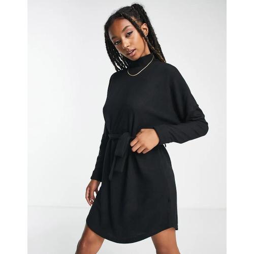 Robe Pull Courte En Maille À Col Montant Avec Liens À La Taille - Noir