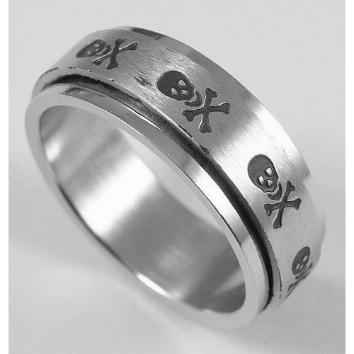 Bague Tournante - Tête De Mort - Acier - Skull And Bones - Anneau Anti-Stress Style Punk Rock Gothique Biker Sons Of Anarchy West Coast Choppers Harley - Argentée