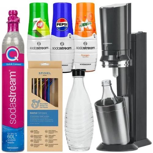SodaStream Crystal 3.0 QuickConnect Black One Bottle + Sirop pour Sodastream Pepsi, Mirinda, 7UP + SpinelSoda metal straws x10