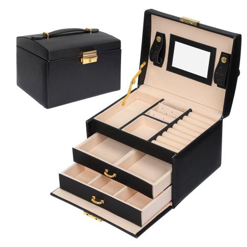 Boîte à Bijoux, Coffret pour Bijoux Boîte à Maquillage Bijoux et cosmétique Beauty Case à 3 Couches en Simili Cuir avec 2 Tiroirs, Miroir et Serrure 17.5x14x13cm ¿noir¿