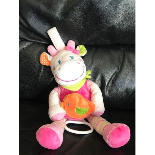 Doudou Musical Vache Rose Vert Orange Pois Foulard Oiseau Nicotoy 30cm