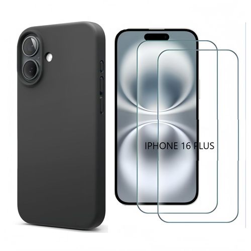 Hqselection® Coque Noir Mat En Silicone Souple Pour Iphone 16 Plus (6,7 Pouces) + 2 Verre Trempé Film Protection Écran - Anti Rayures - Ultra Résistant Dureté 9h