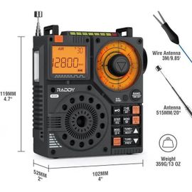 Raddy RF320 Radio à Ondes Courtes de contrôle par Application,récepteur FM/AM/VHF/SW/AIR avec BT,Radio Portable Rechargeable avec