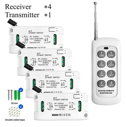 Joli d'éclairage intelligent sans fil RF,émetteur 4 en 1,télécommande,ventilateur de lampe LED,433MHz,110V,220V,10A,500 mètres - Type 4Receivers 1Remote