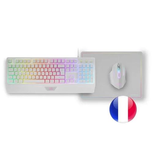 Mars Gaming MCP124, Ensemble Gaming 3en1, Clavier Ergonomique RGB, Souris Gamer RGB, Tapis de Souris 360x260mm, Français, Blanc