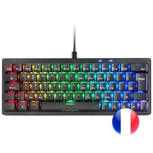 Mars Gaming MKMINIPRO, Clavier Mécanique 60% Hot-Swappable, Éclairage RGB, Antighosting, Switch Silencieux, Layout Français, Noir