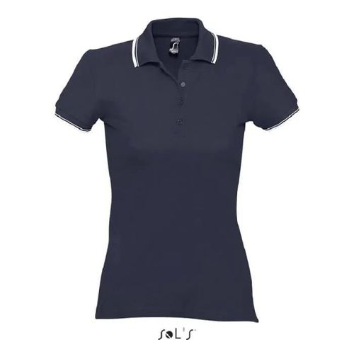 Polo Femme - Practice - Marine - Manches Courtes - 100% Coton - Col Polo Rayé