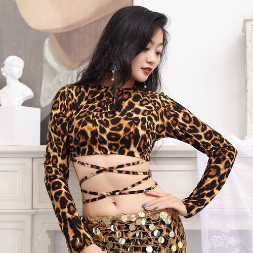 Vêtements De Pratique De La Danse Du Ventre Sexy Pour Femmes,Chemise À Manches Longues Léopard,Leggings Découpés,Tenue De Spectacle De Danse D'équipe,Maire Intérieur