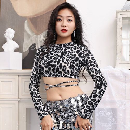Vêtements De Pratique De La Danse Du Ventre Sexy Pour Femmes,Chemise À Manches Longues Léopard,Leggings Découpés,Tenue De Spectacle De Danse D'équipe,Maire Intérieur