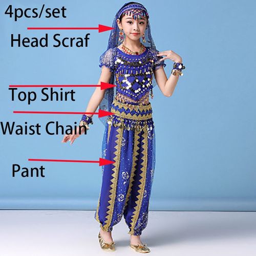 Vêtements De Danse Orientale Multicolore Pour Enfants,Ensemble De Costumes De Danse Du Ventre Indien Bollywood,4 Pièces/Ensemble