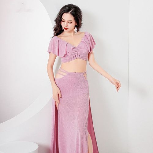 Vêtements D'entraînement De Danse Du Ventre Pour Filles,Haut À Manches Courtes,Jupe Longue Fendue,Groupe De Coton Financièrement Imbibé,Tenue De Phtalwear,2 Pièces