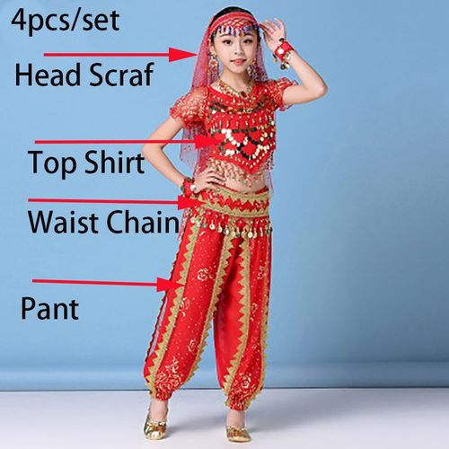 Vêtements De Danse Orientale Multicolore Pour Enfants,Ensemble De Costumes De Danse Du Ventre Indien Bollywood,4 Pièces/Ensemble