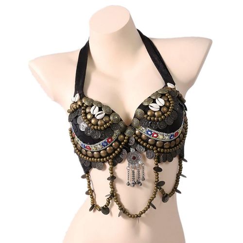 Soutien-Gorge Gitane Vintage Pour La Danse Du Ventre Tribale,Soutien-Gorge Push-Up,Perles En Bois,Haut Avec Guirlandes Et Médaillon Turquoise