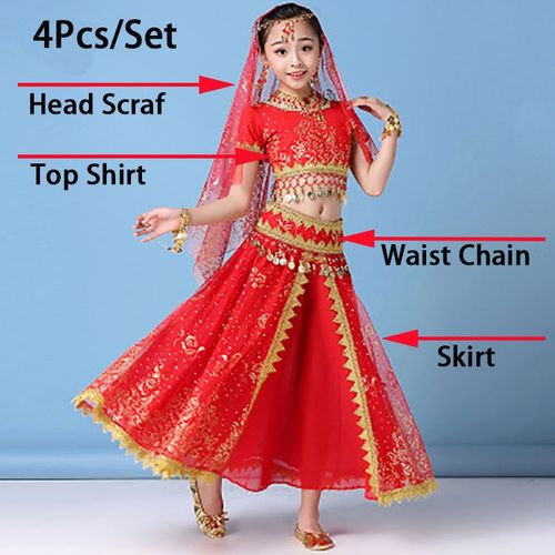 Ensemble De Olympiques En Mousseline De Soie Trempée Pour Enfants,Robe De Danse Indienne,Vêtements De Danse Du Ventre,Performance De Scène Du Ventre,Moindre Contreplaqué,4 Pièces Par Ensemble