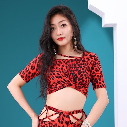 Vêtements De Danse Du Ventre Sexy Imprimé Léopard Pour Femmes,Ensemble D'entraînement De Danse Du Ventre Confortable,Haut À Manches Courtes Avec Jupe Longue,Rouge,Été