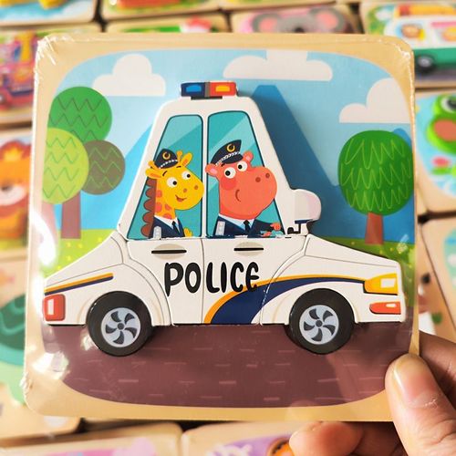 Puzzles 3d En Bois Pour Tout-Petits,Planches À Main,Jouets Tangram,Jouets Pour Bébés,Véhicule De Dessin,Animaux - Type Police Car