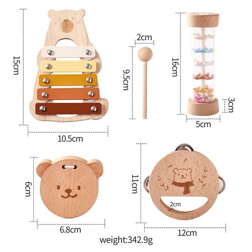 Instruments De Musique En Bois Montessori Pour Bébé,Jouets Pour Enfants,Ours Persch,Xylophone,Tuyau Sonore De Pluie,Secoueur De Musique,Jouets D'éducation Précoce - Type 4pcs-01