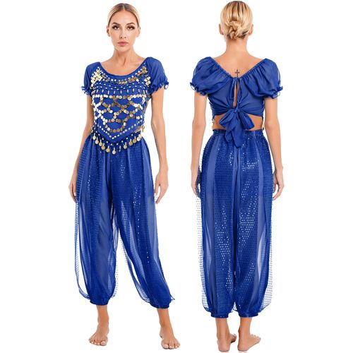 Costume De Brevdu Ventre Pour Femme,Tenues De Cosplay Indienne,À Paillettes,Manches Bouffantes,Haut Court Avec Sarouel,Pour Performance
