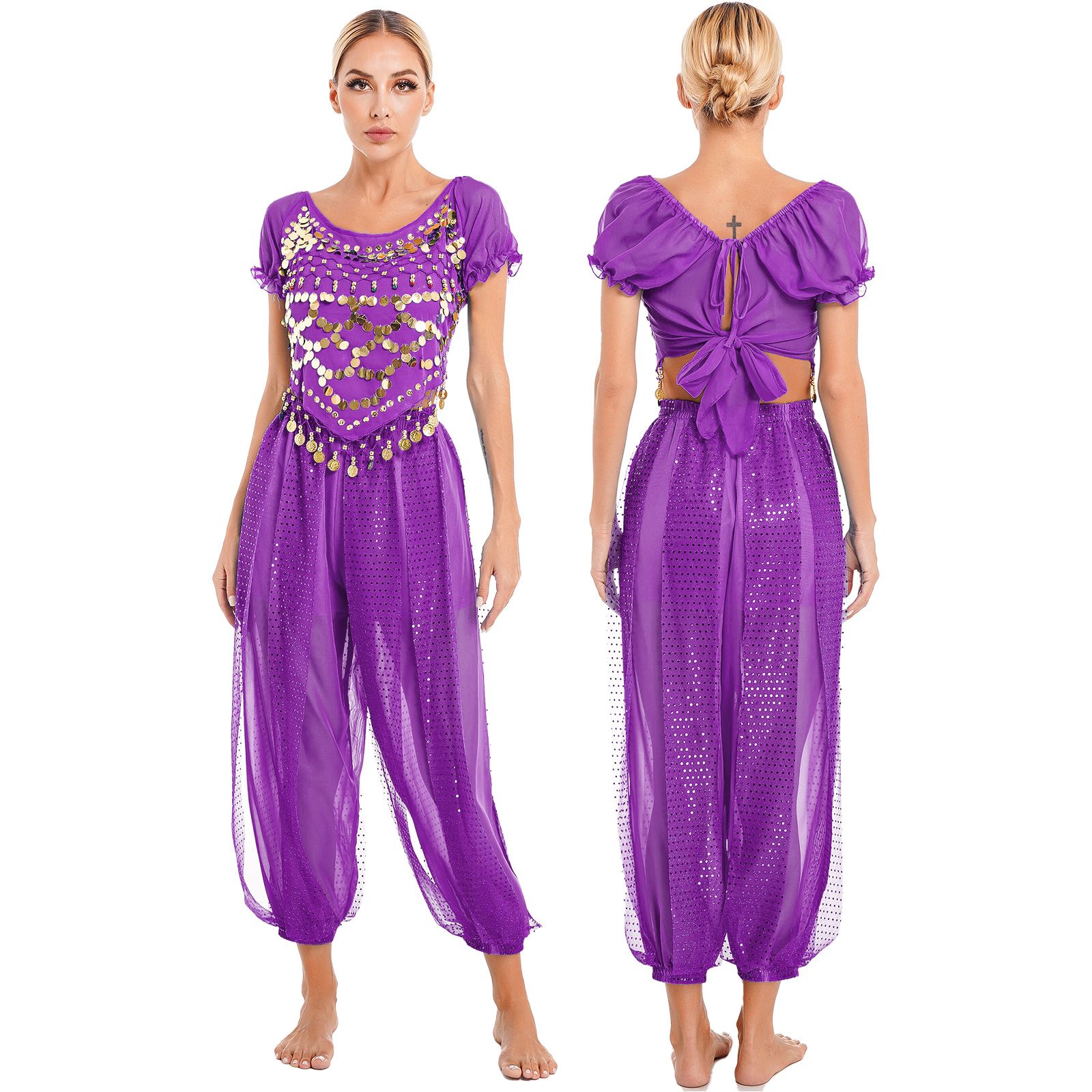 Costume De Brevdu Ventre Pour Femme,Tenues De Cosplay Indienne,À Paillettes,Manches Bouffantes,Haut Court Avec Sarouel,Pour Performance