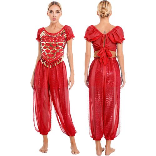 Costume De Brevdu Ventre Pour Femme,Tenues De Cosplay Indienne,À Paillettes,Manches Bouffantes,Haut Court Avec Sarouel,Pour Performance