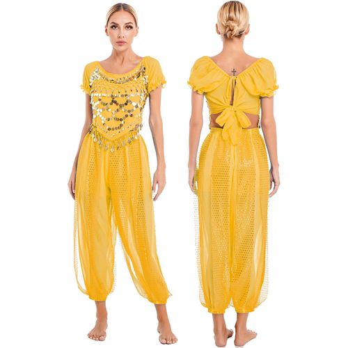 Costume De Brevdu Ventre Pour Femme,Tenues De Cosplay Indienne,À Paillettes,Manches Bouffantes,Haut Court Avec Sarouel,Pour Performance