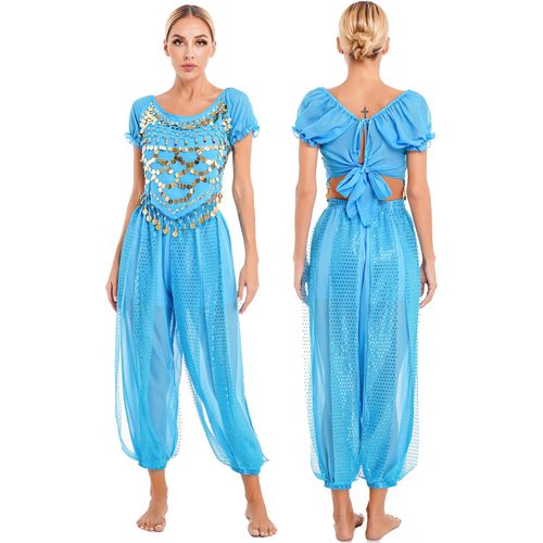 Costume De Brevdu Ventre Pour Femme,Tenues De Cosplay Indienne,À Paillettes,Manches Bouffantes,Haut Court Avec Sarouel,Pour Performance