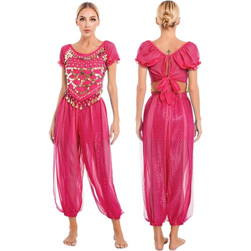 Costume De Brevdu Ventre Pour Femme,Tenues De Cosplay Indienne,À Paillettes,Manches Bouffantes,Haut Court Avec Sarouel,Pour Performance