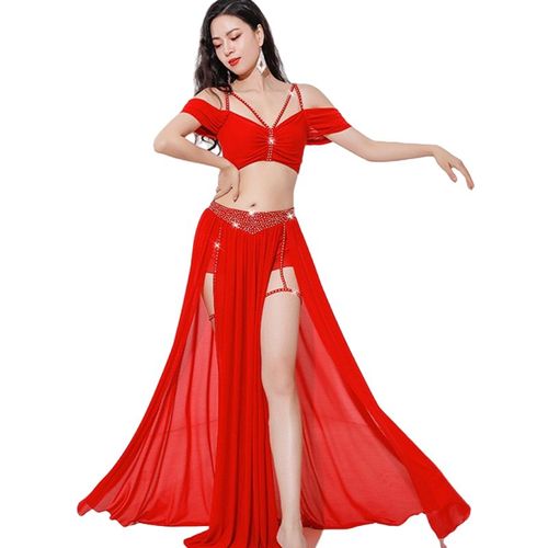 Costumes De Danse Du Ventre Pour Femmes,Vêtements D'entraînement 2 Pièces,Jupe En Gaze,Fendue Sur Le Côté,Biscuits Brillants,Initiés Financièrement